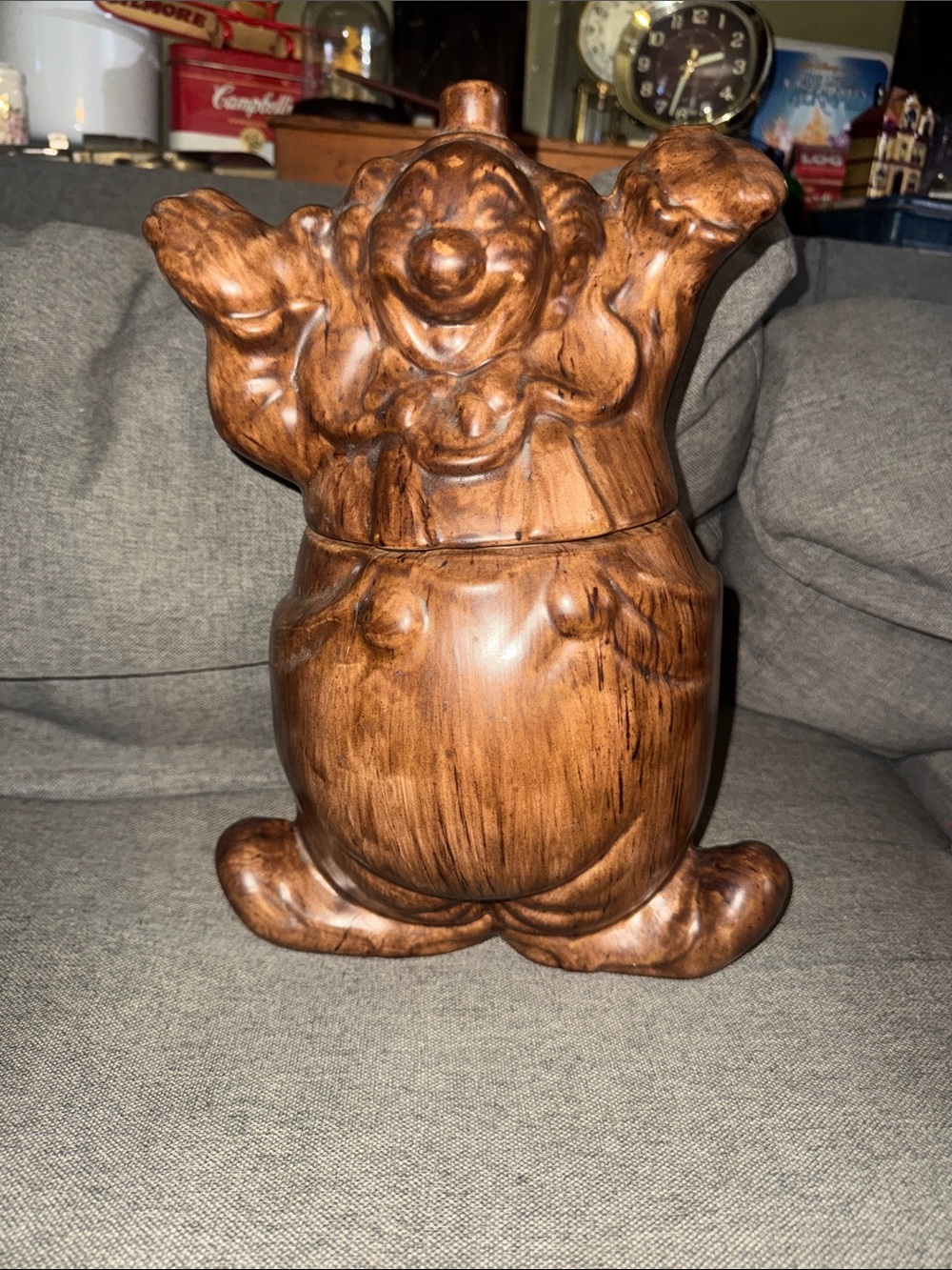 Vintage Ceramic Clown Cookie Jar Wood-Tone Finish Retro Kitchen Decor 13"